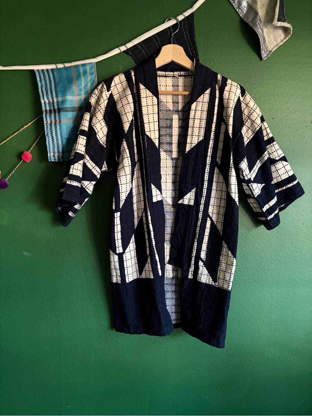 Graphic Thick Cotton Kimono in Natural & Indigo size L